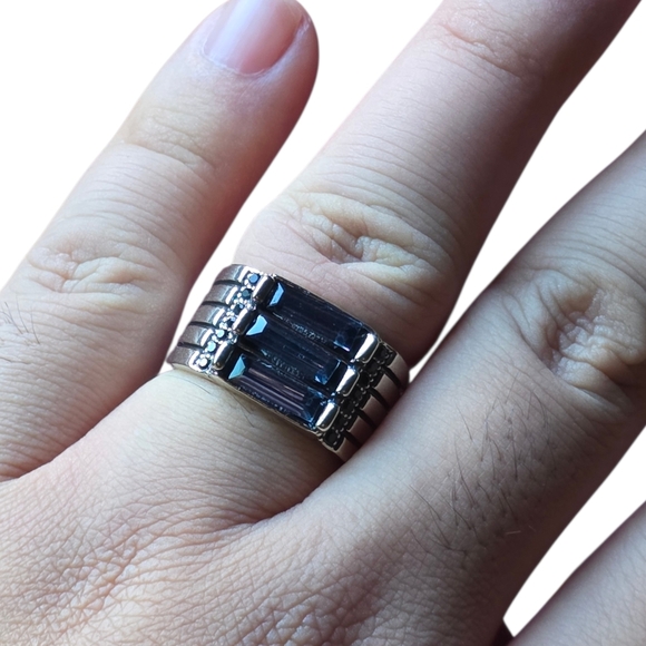 Stainless Steel Ring / Blue Synthetic Cubic Zirconia Stones With Black Accents - Picture 1 of 4